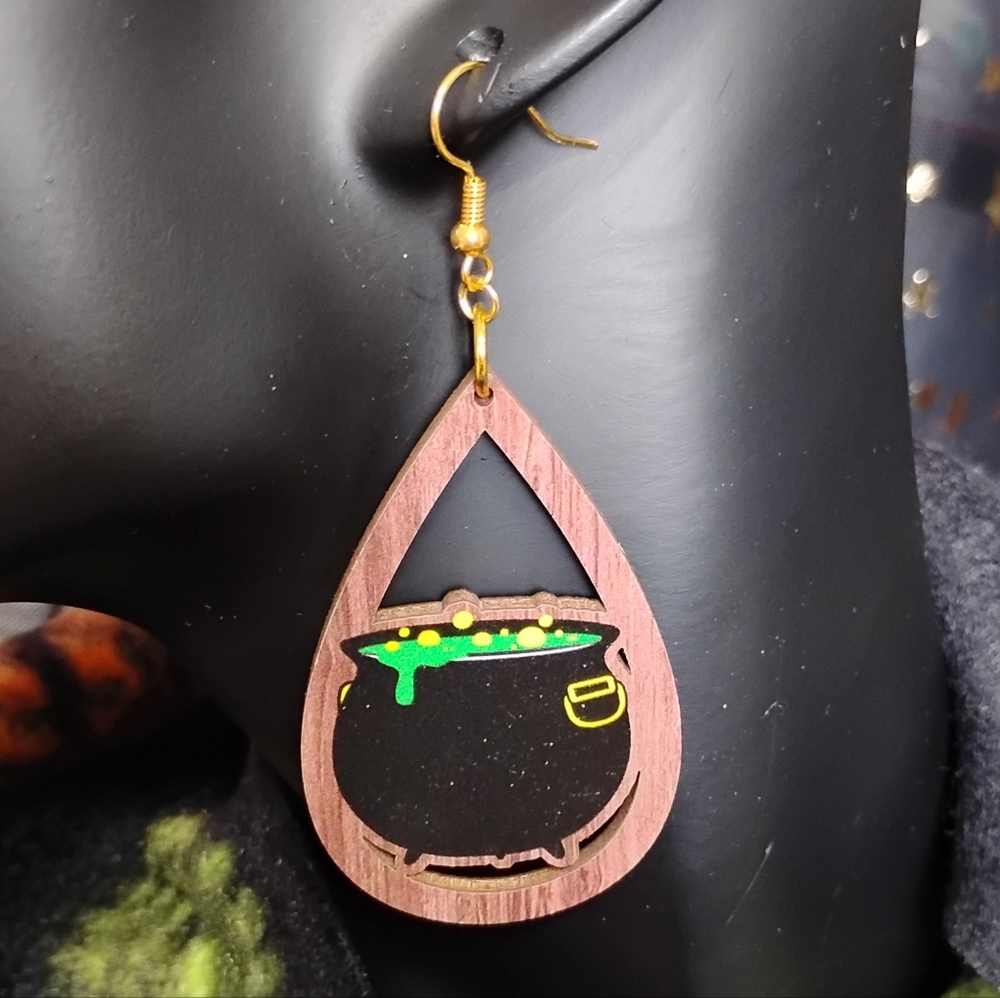 GROOVY GLAM Handmade Halloween Earrings Lazer Cutout Bubbling Witch Caldron